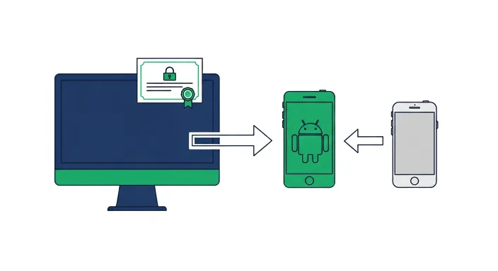 데스크톱 컴퓨터에서 USB와 안드로이드 스마트폰과 아이폰으로 공동인증서를 옮기는 흐름을 보여주는 아이콘