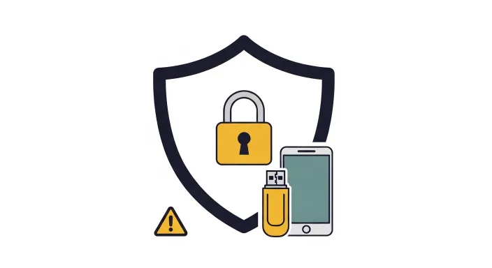 공동인증서를 USB와 스마트폰에 보관할 때 보안을 강화하는 자물쇠와 방패 아이콘 일러스트