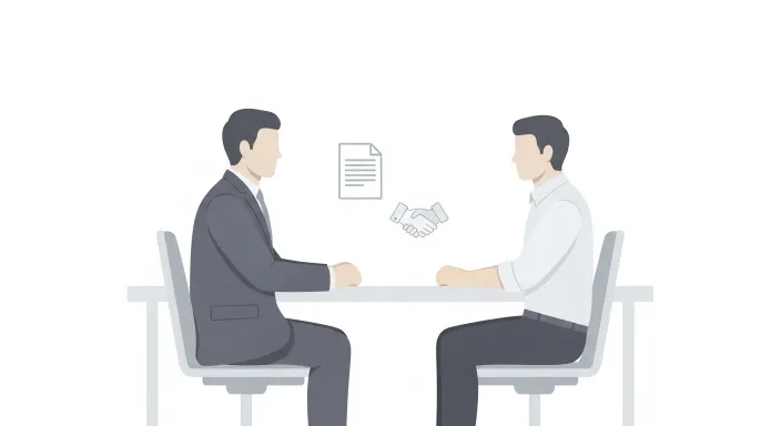 책상 위에서 이직확인서 정정 서류를 두고 회사 담당자와 근로자가 마주 앉아 있는 일러스트