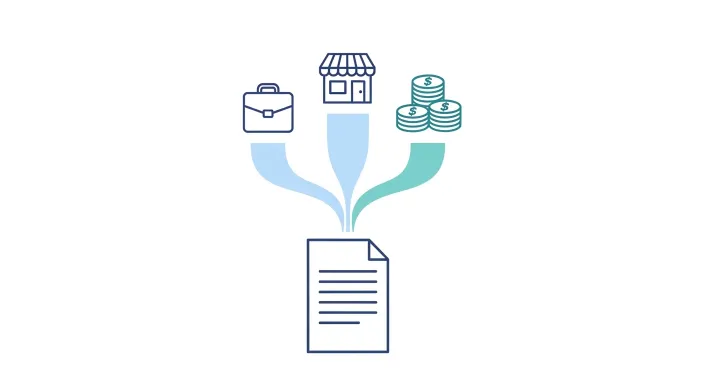 월급, 사업, 이자, 배당을 상징하는 아이콘이 사람 아이콘으로 모이는 일러스트