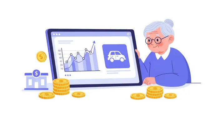 자동차와 가계부, 그래프를 함께 살펴보는 시니어의 일러스트
