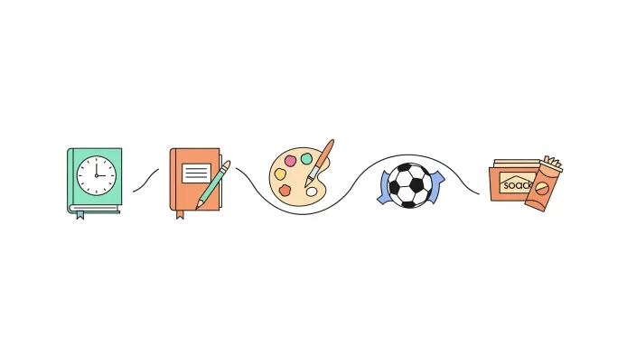 늘봄학교 하루 일정과 프로그램 구성을 아이콘으로 보여주는 일러스트