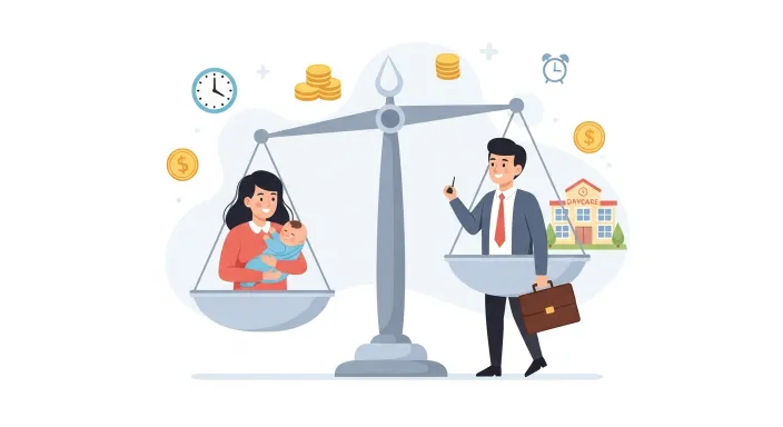 전업 부모와 맞벌이 부모가 육아와 일을 선택하는 저울 위 일러스트