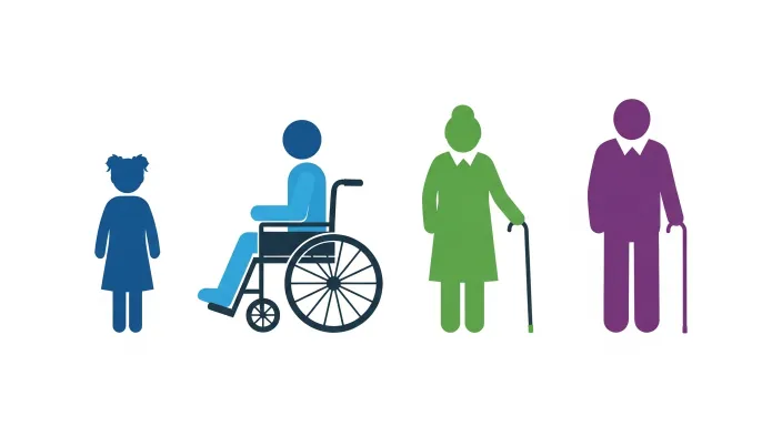 아이, 휠체어, 어르신 아이콘이 나란히 있는 단순 일러스트