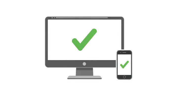 컴퓨터와 스마트폰 화면 안에 체크 아이콘이 있는 단순 일러스트