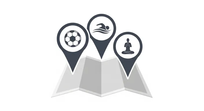 지도 아이콘 위에 여러 체육시설 아이콘이 표시된 단순 일러스트