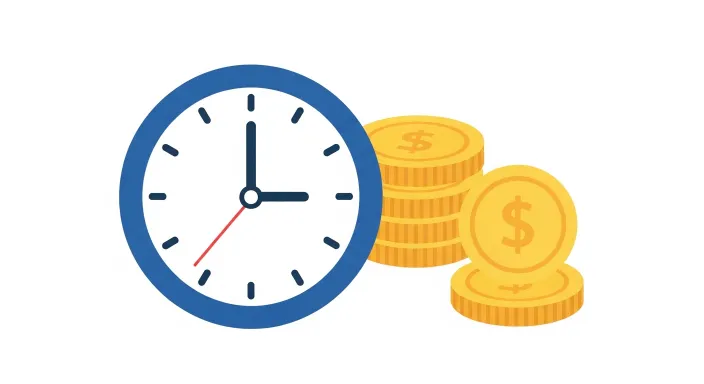 시계 아이콘과 동전 아이콘이 나란히 있는 단순 일러스트