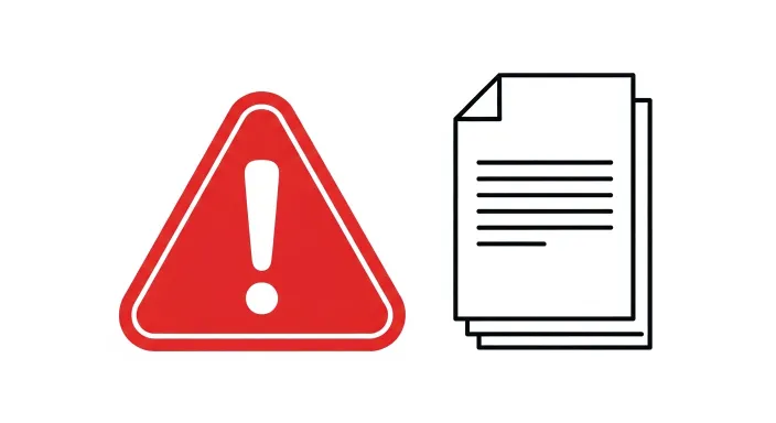 경고 삼각형 아이콘과 옆에 있는 서류 아이콘 단순 일러스트