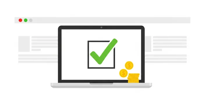 노트북 화면과 옆에 동전 아이콘이 있는 단순 일러스트