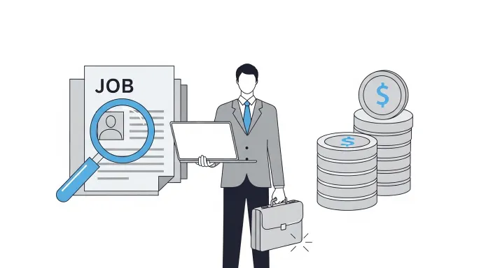 실업급여, 취업지원제도, 장려금을 상징하는 여러 서류와 동전 아이콘 일러스트