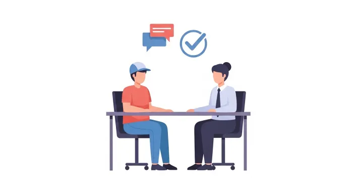 서류를 들고 고용센터 담당자와 상담하는 일용직 근로자를 표현한 일러스트