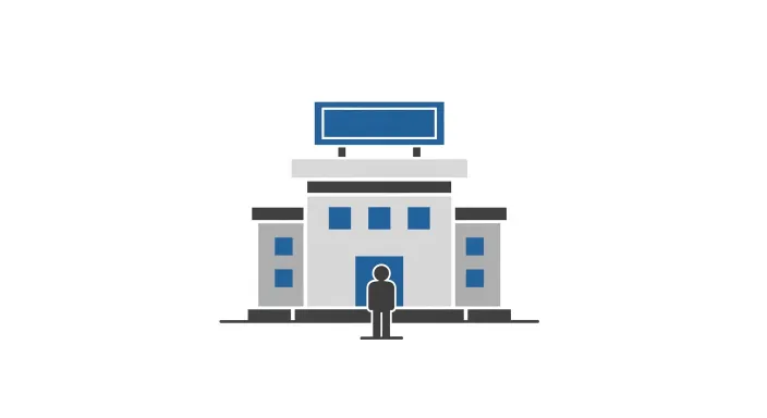 정부 청사 건물 아이콘과 앞에 서 있는 사람 아이콘 단순 일러스트