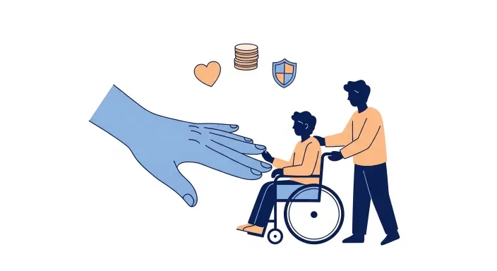 중증장애인 옆에서 손을 내미는 보호자와 지원 상징 아이콘 일러스트