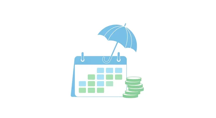 휴가 표지판과 급여를 상징하는 동전, 서류 아이콘이 함께 있는 유급휴가 개념 일러스트