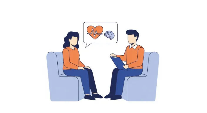 상담실에서 상담사와 내담자가 마주 앉아 대화하는 심리상담 장면 일러스트