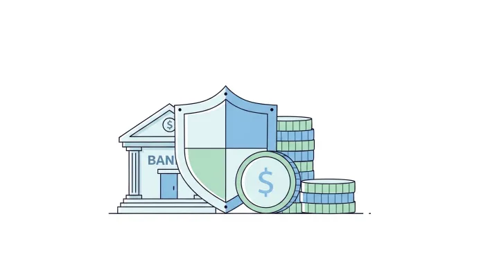 은행과 돈, 방패가 함께 있는 일러스트