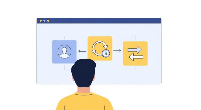 계좌, 환급, 송금을 나타내는 아이콘이 함께 있는 재정 대시보드를 보는 사람 일러스트