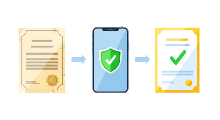 스마트폰 화면에서 인증서를 다시 발급받는 과정을 나타내는 단계별 아이콘 일러스트