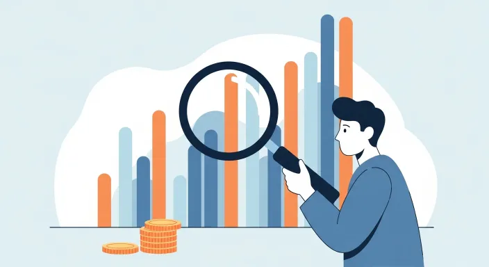 재무 그래프를 돋보기로 살펴보는 사람 일러스트