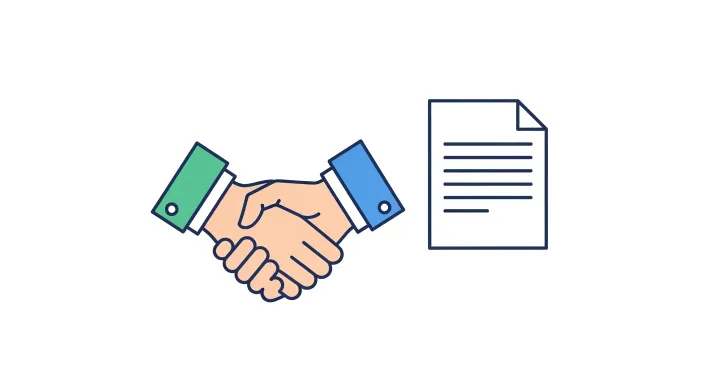 악수하는 두 손과 옆에 있는 문서 아이콘 단순 일러스트