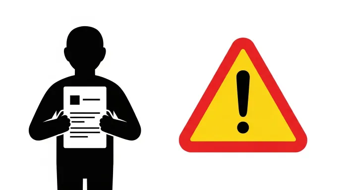 신고서를 들고 있는 사람 아이콘과 경고 표시 아이콘 단순 일러스트