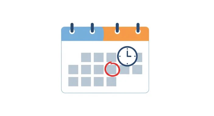 달력 위에 마감일을 표시한 동그라미와 시계 아이콘이 있는 일러스트