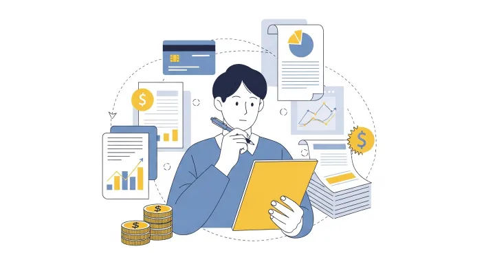 세금 서류를 정리한 뒤 그래프와 동전 아이콘을 보며 재정을 점검하는 사람 일러스트