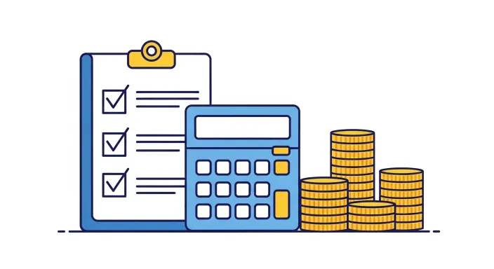 그래프와 동전, 문서 아이콘을 보며 재정을 점검하는 사람의 일러스트