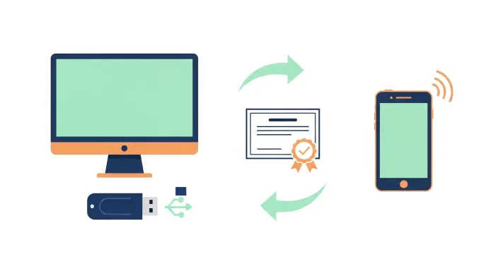 공동인증서를 컴퓨터에서 USB와 스마트폰으로 안전하게 옮기는 과정을 상징하는 아이콘 일러스트