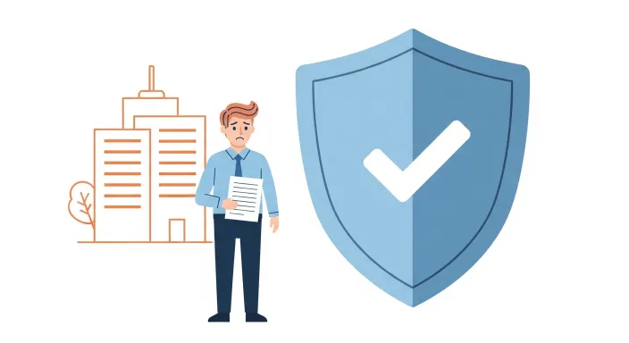 회사 건물 앞에서 서류를 든 근로자와 실업급여 관련 서류 아이콘이 함께 있는 권고사직 일러스트