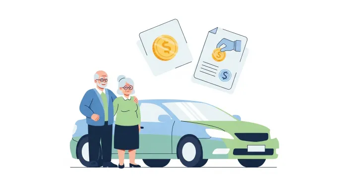 시니어 부부와 승용차, 연금 아이콘이 함께 있는 일러스트