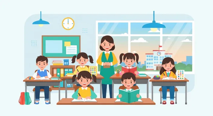 늘봄학교에서 방과후 시간을 보내는 초등학생과 교사 일러스트