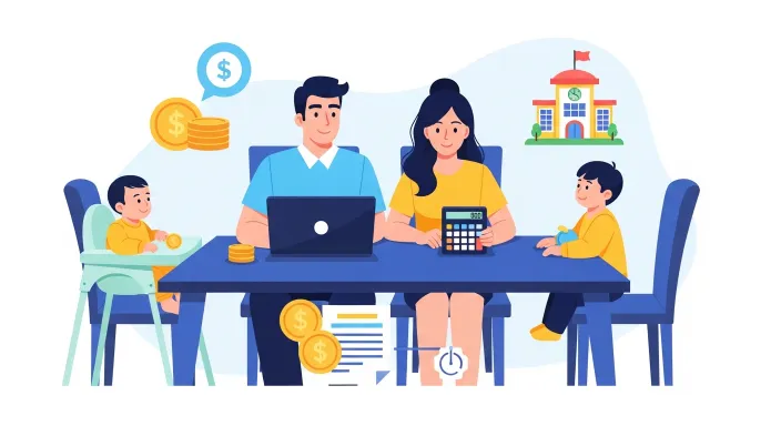 2026년 부모급여와 어린이집 보육료 차액을 계산하는 가족 일러스트