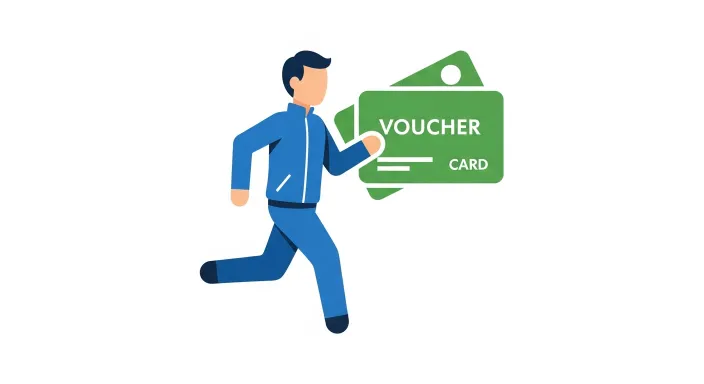 운동하는 사람 아이콘과 바우처 카드 아이콘이 함께 있는 단순 일러스트