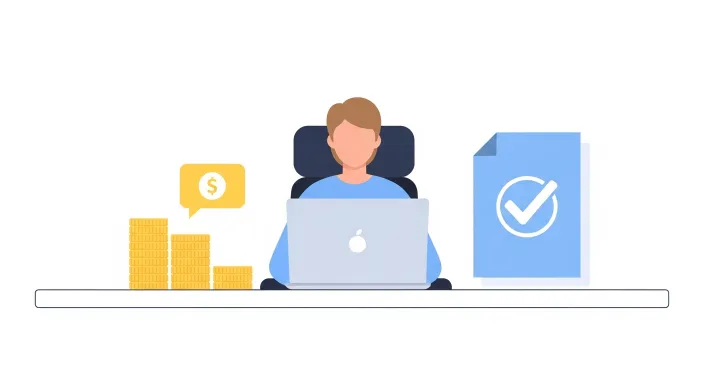 노트북으로 글을 쓰는 프리랜서와 실업급여를 상징하는 서류 아이콘이 함께 있는 일러스트