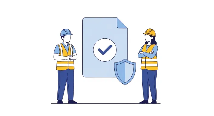 안전모를 쓴 일용직 근로자 옆에 고용보험 문서를 상징하는 아이콘이 배치된 일러스트
