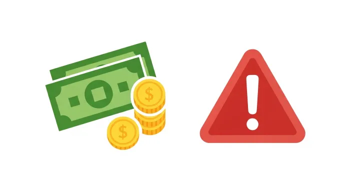 지폐와 동전 아이콘 옆에 경고 표시가 있는 단순 일러스트