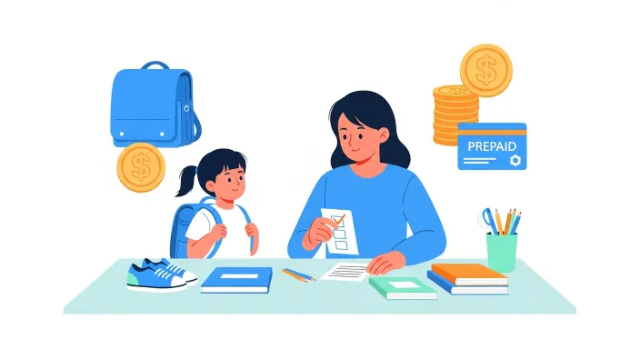 초등학교 입학지원금으로 새학기 준비를 하는 학부모와 아이 일러스트