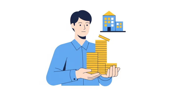 전세집 앞에서 서류를 들고 고민하는 직장인과 퇴직금을 상징하는 동전 아이콘 일러스트