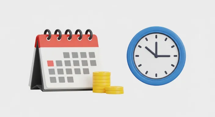 왼쪽에는 빨간 상단 바가 있는 커다란 달력 아이콘이 있고, 달력 오른쪽 아래에는 노란색 동전 더미 아이콘이 쌓여 있는 플랫 일러스트. 오른쪽에는 파란색 테두리의 둥근 시계 아이콘이 배치되어 “기한 안에 돈을 지급해야 하는 상황”을 상징