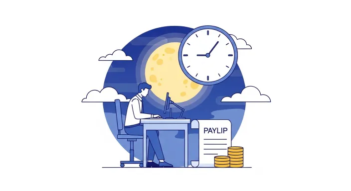 야근하는 직장인과 시계, 급여 아이콘이 함께 있는 포괄임금 개념 일러스트