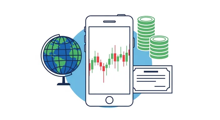 세계 지도를 배경으로 주식 차트와 동전, 계산기 아이콘이 함께 있는 일러스트