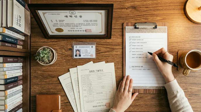 경력수첩 발급을 위해 학력증명서, 자격증, 경력증명서를 책상 위에서 체크하는 장면