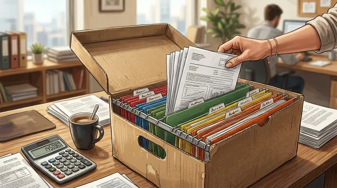 여러 회사의 경력증명서와 4대보험 이력, 세무 서류를 폴더별로 정리해 두는 장면