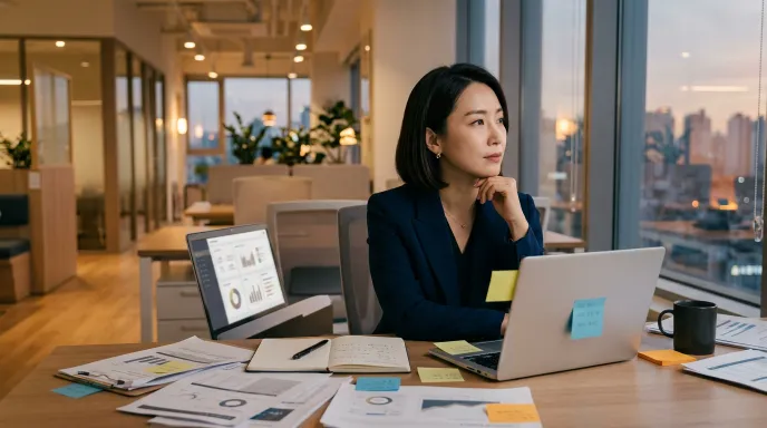 경력수첩 등급 승급과 관련된 질문을 고민하며 노트북과 서류를 함께 보는 사람의 모습