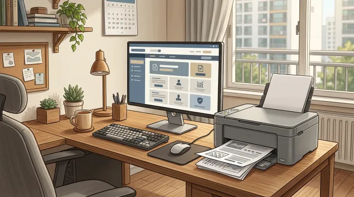 정부24에서 공무원 경력증명서를 온라인으로 발급받는 과정을 모니터 화면과 프린터로 표현한 이미지