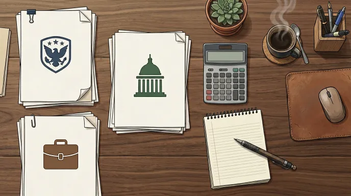 공무원 호봉 산정을 위해 공무원 경력, 군 복무, 민간 경력을 나누어 계산하는 모습을 표현한 일러스트