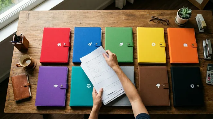 공무원 경력증명서, 군 복무 서류, 민간 경력증명서를 항목별로 나누어 책상 위에서 정리하는 장면