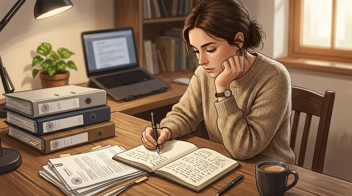 공무원 호봉 관련 자주 묻는 질문을 정리하며 서류 더미 위에 메모하는 사람을 표현한 일러스트