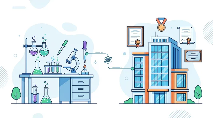 기업부설연구소 사무실과 연구진, 인증서를 함께 표현한 개요 일러스트